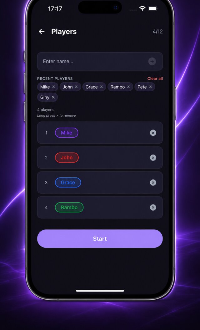 Players screen with saved names ready to rejoin the next game