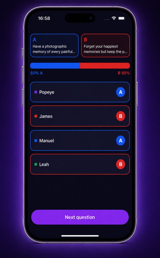 Would You Rather vote screen with players choosing between options A and B