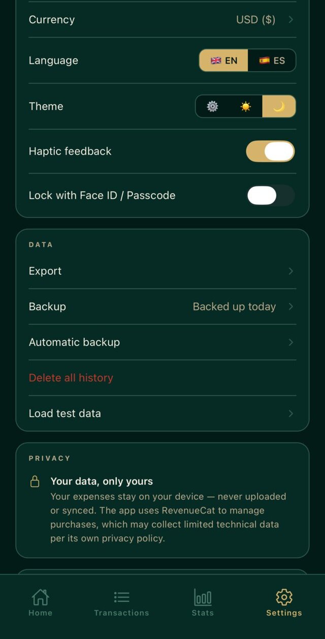 Settings screen showing currency, language, theme, Face ID lock, export, backup and the privacy note: your data, only yours