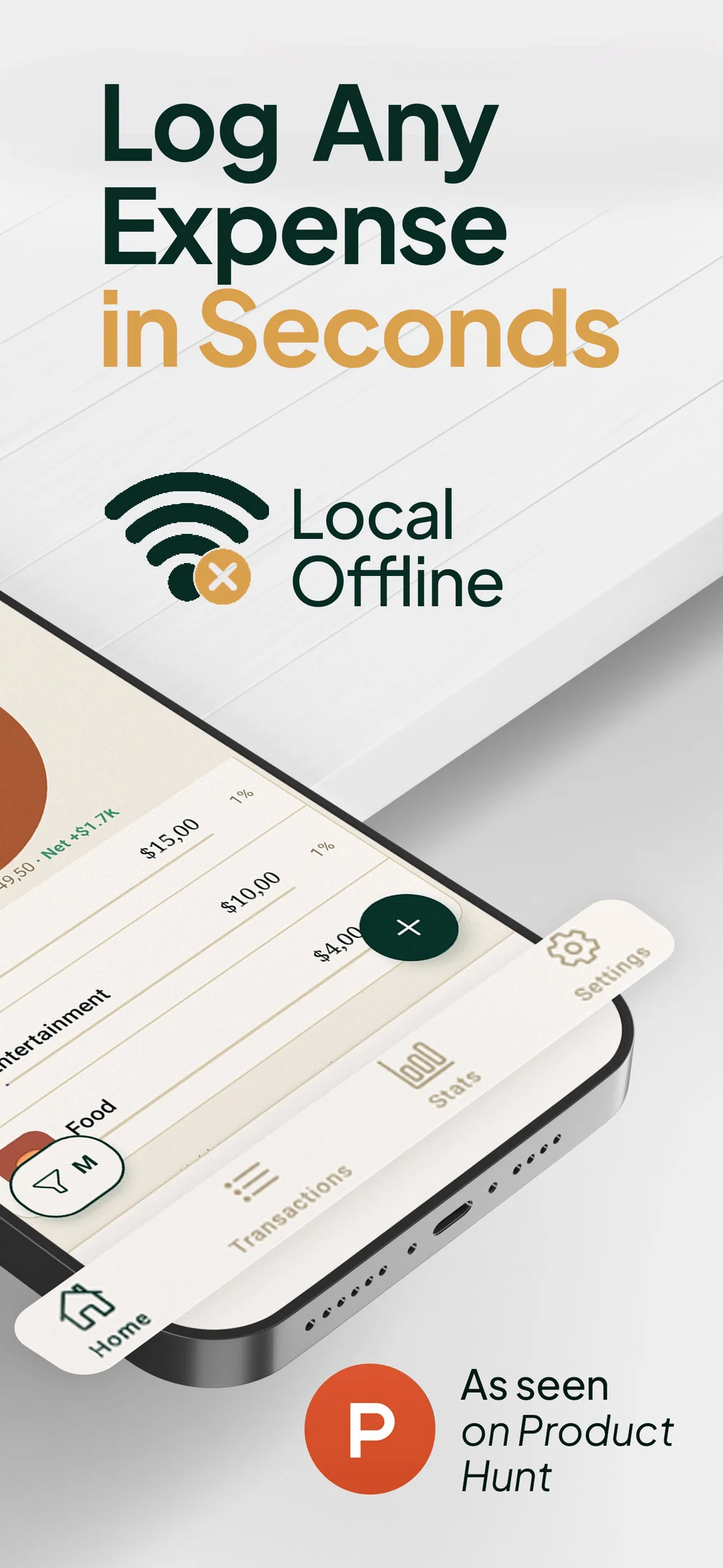 Transactions view and bottom navigation — Home, Transactions, Stats and Settings — working fully offline.