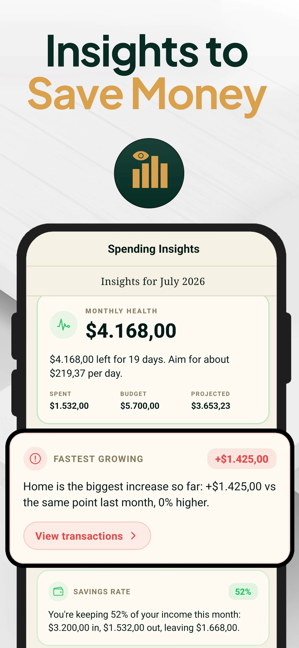 Spending Insights with monthly health, fastest-growing category and savings-rate cards.