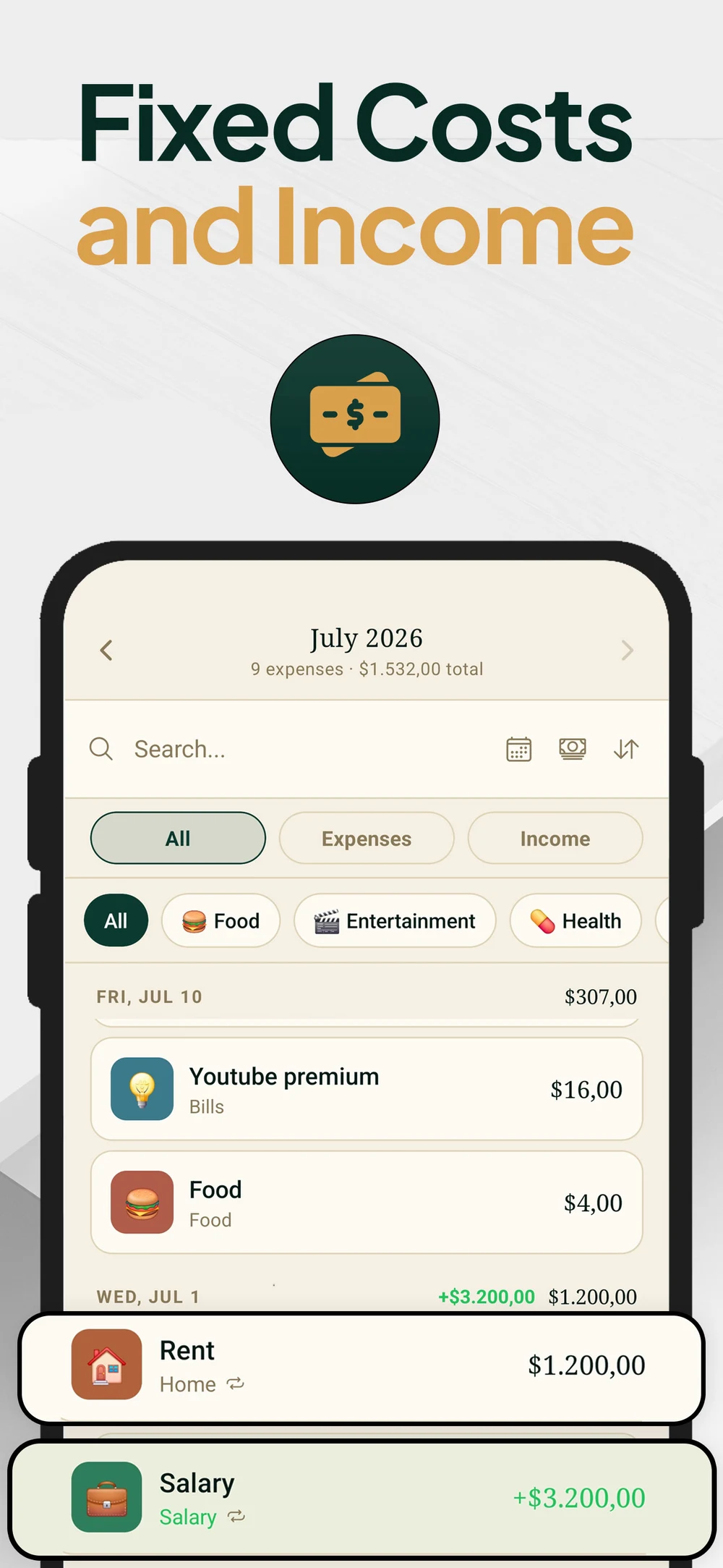 Monthly transactions list showing fixed costs and income such as rent and salary.