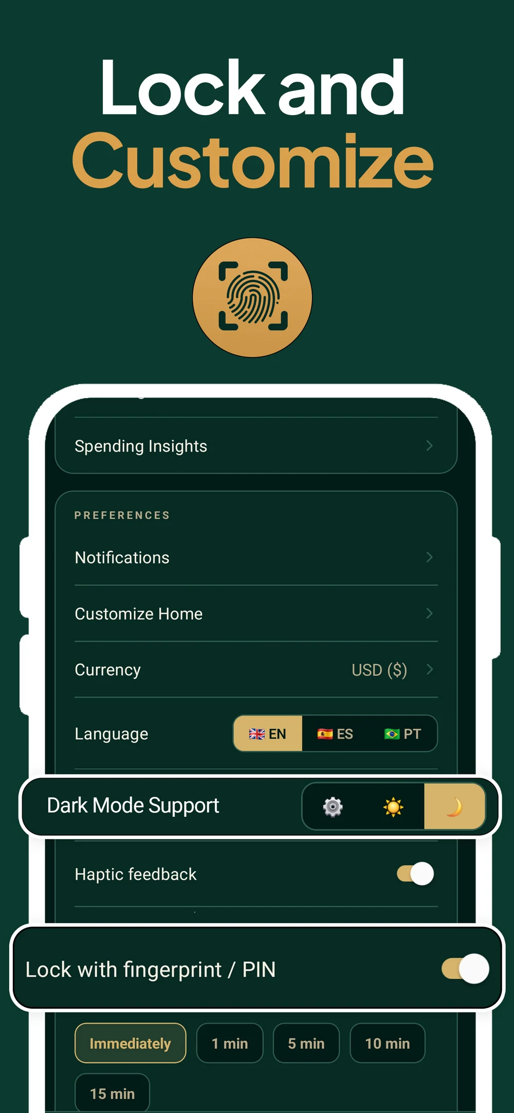 Settings with language EN/ES/PT, currency, dark mode and fingerprint or PIN lock.
